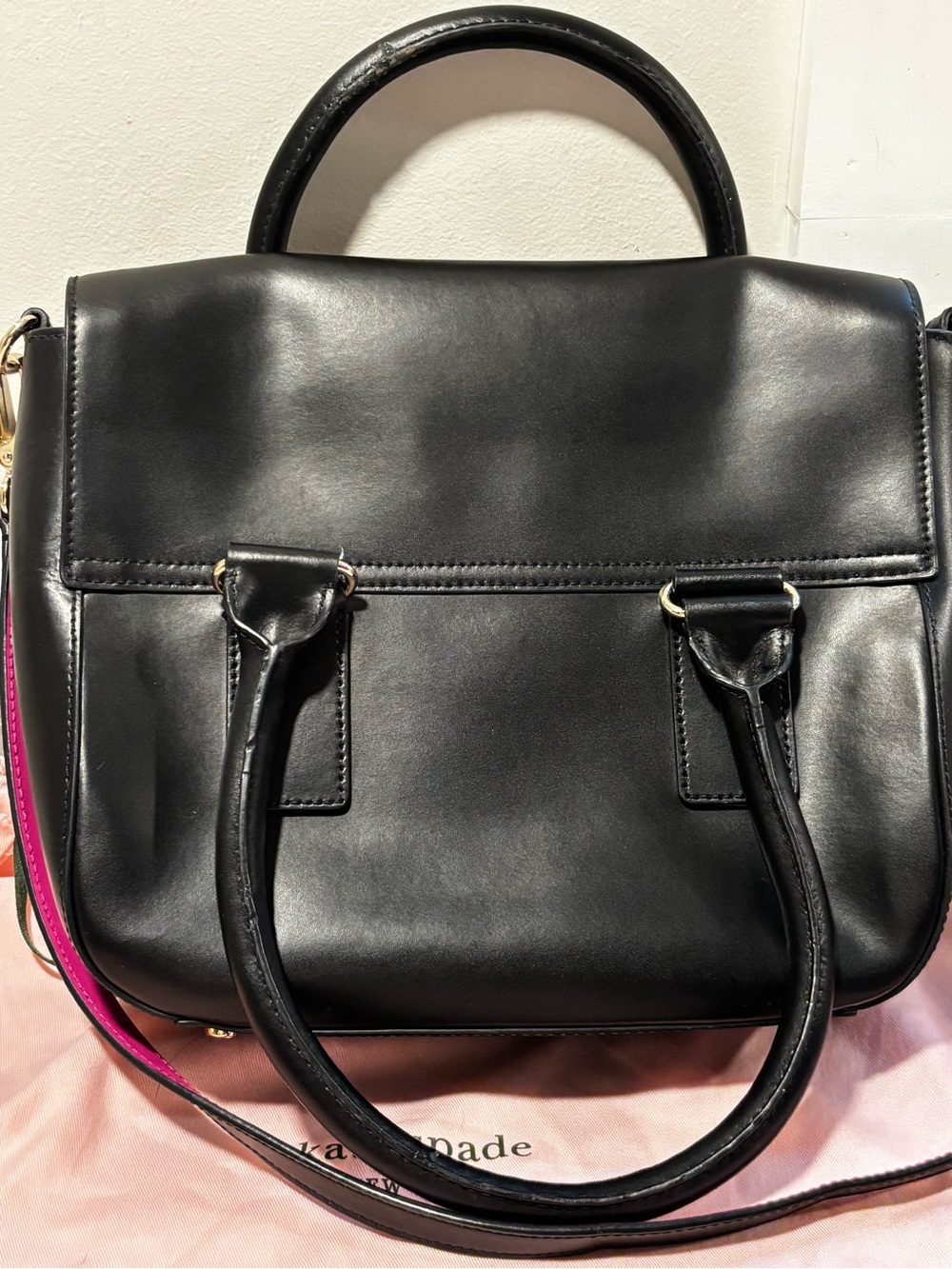 Kate Spade Make it Mine Black Leather Satchel with Pink-Trim Strap - Picture 7 of 8